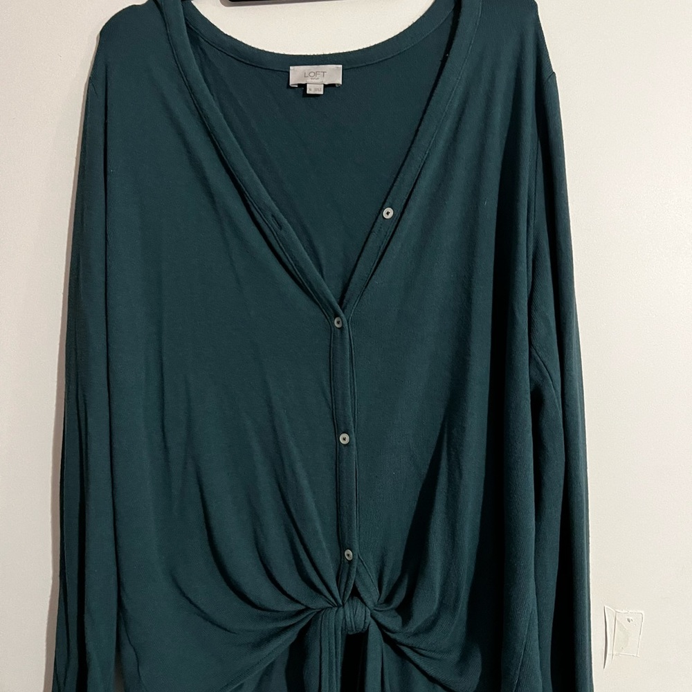 Loft green button down front tie cardigan.